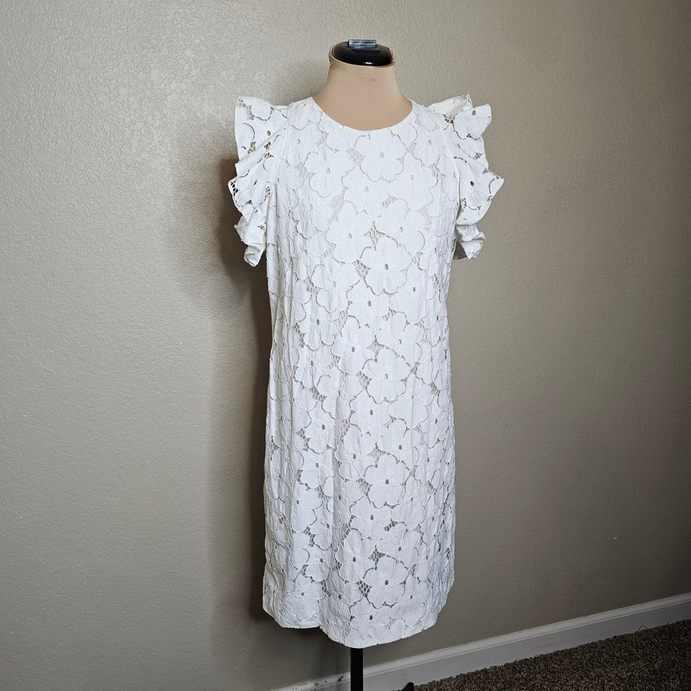 Trina Turk White Floral Lace Ruffle Sleeve Keyhole‎ Back Shift Dress  Medium